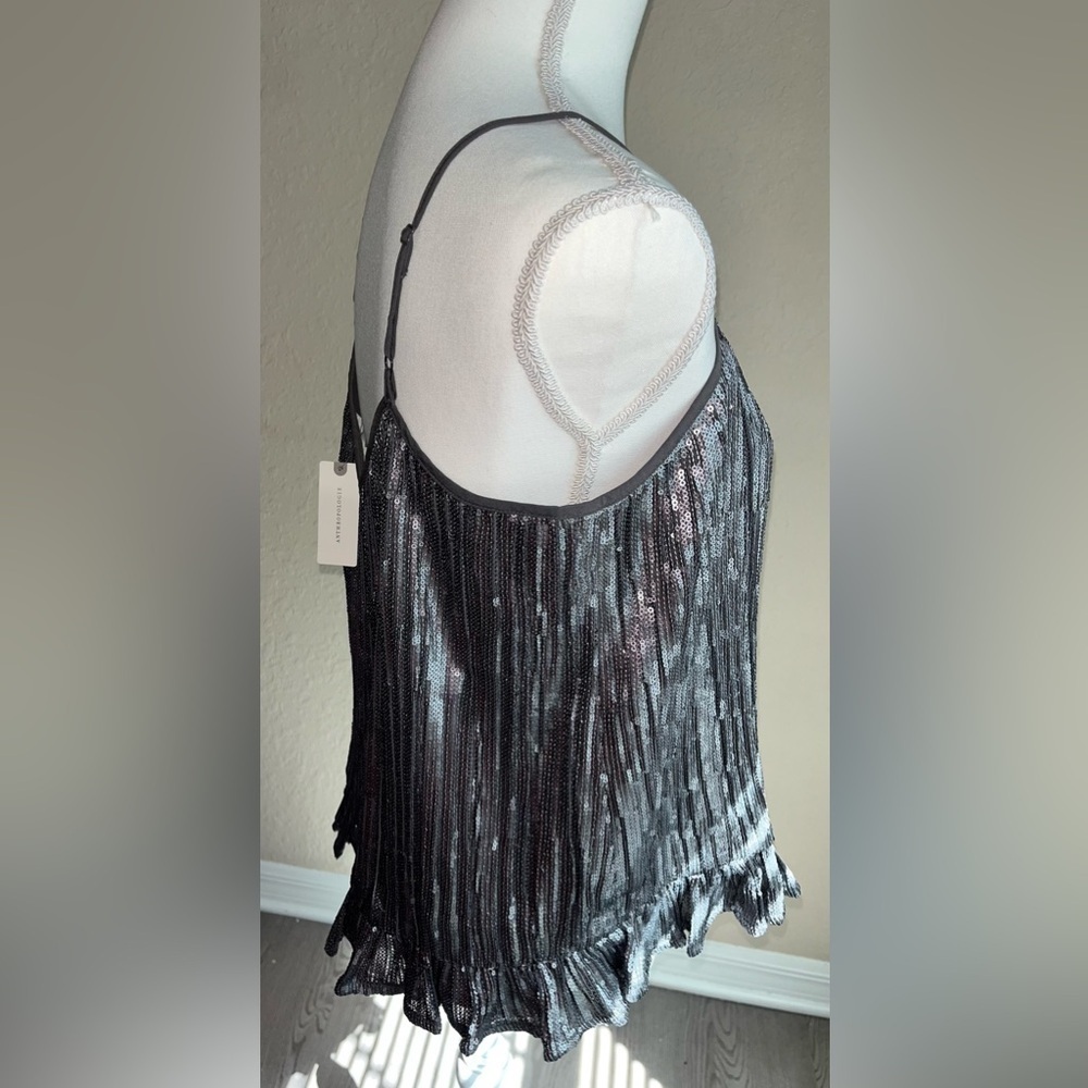 NWT Anthropologie ‘Amelie’ Gunmetal Sequin Ruffle Cami - Picture 2 of 7
